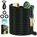 HORTICORA Non-Expandable Garden Hose 100 ft, Ultra Lightweight & Flexible Water Hose With 10-Pattern Spray Nozzle, Full Length Leak-Proof Design, High-Density Fabric & Shut-Off Valve, Hose Straps