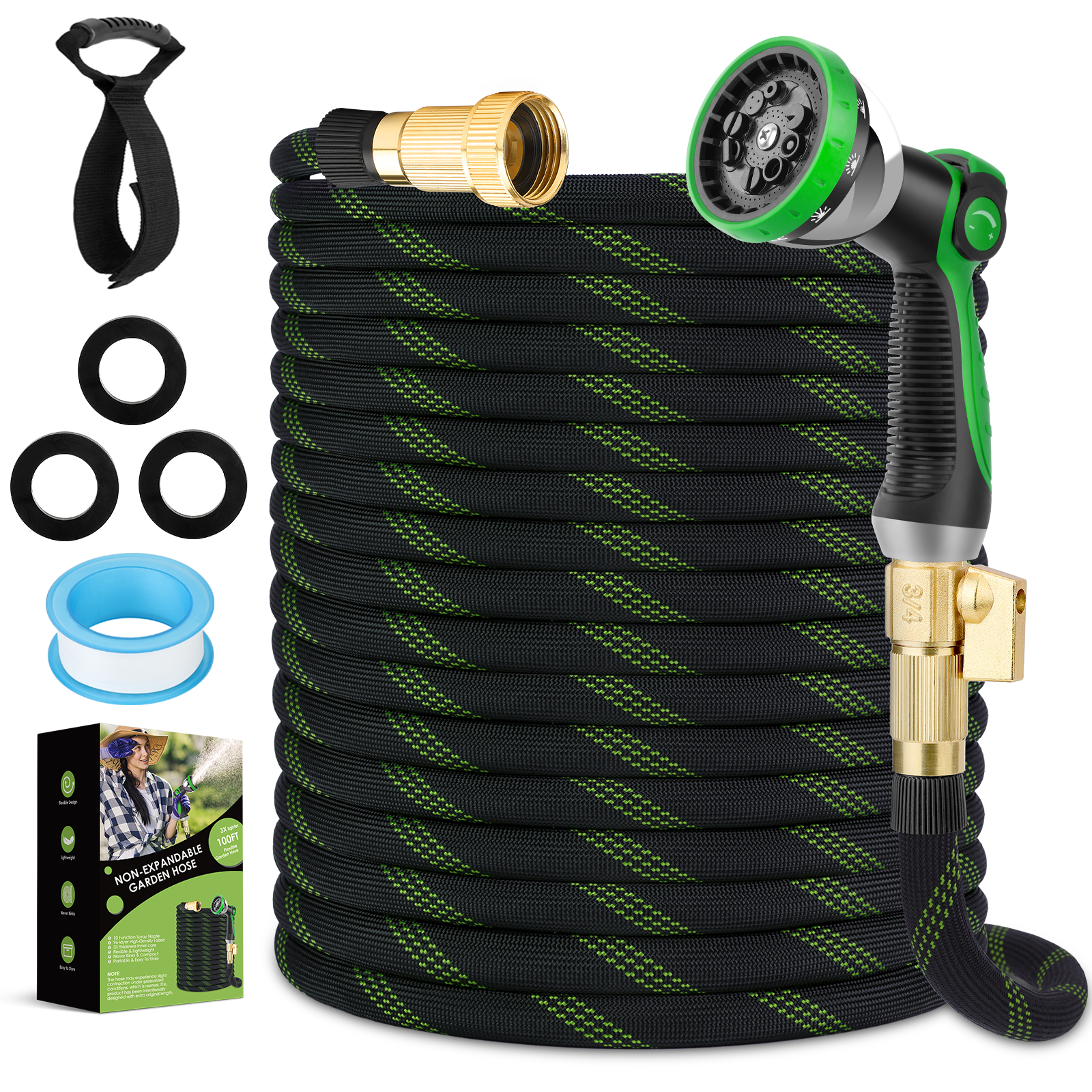 HORTICORA Non-Expandable Garden Hose 100 ft, Ultra Lightweight & Flexible Water Hose With 10-Pattern Spray Nozzle, Full Length Leak-Proof Design, High-Density Fabric & Shut-Off Valve, Hose Straps