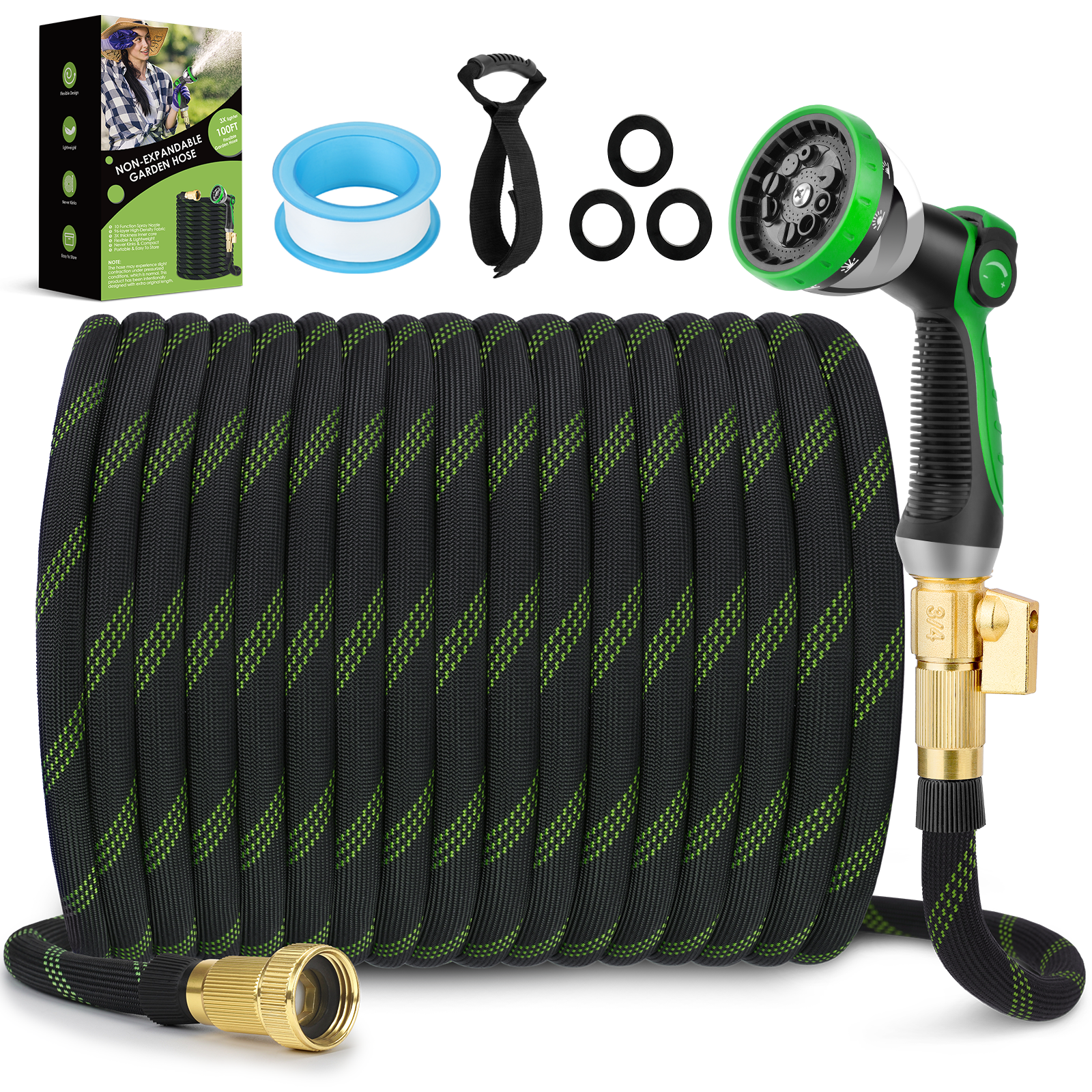 HORTICORA Non-Expandable Garden Hose 100 ft, Ultra Lightweight & Flexible Water Hose With 10-Pattern Spray Nozzle, Full Length Leak-Proof Design, High-Density Fabric & Shut-Off Valve, Hose Straps