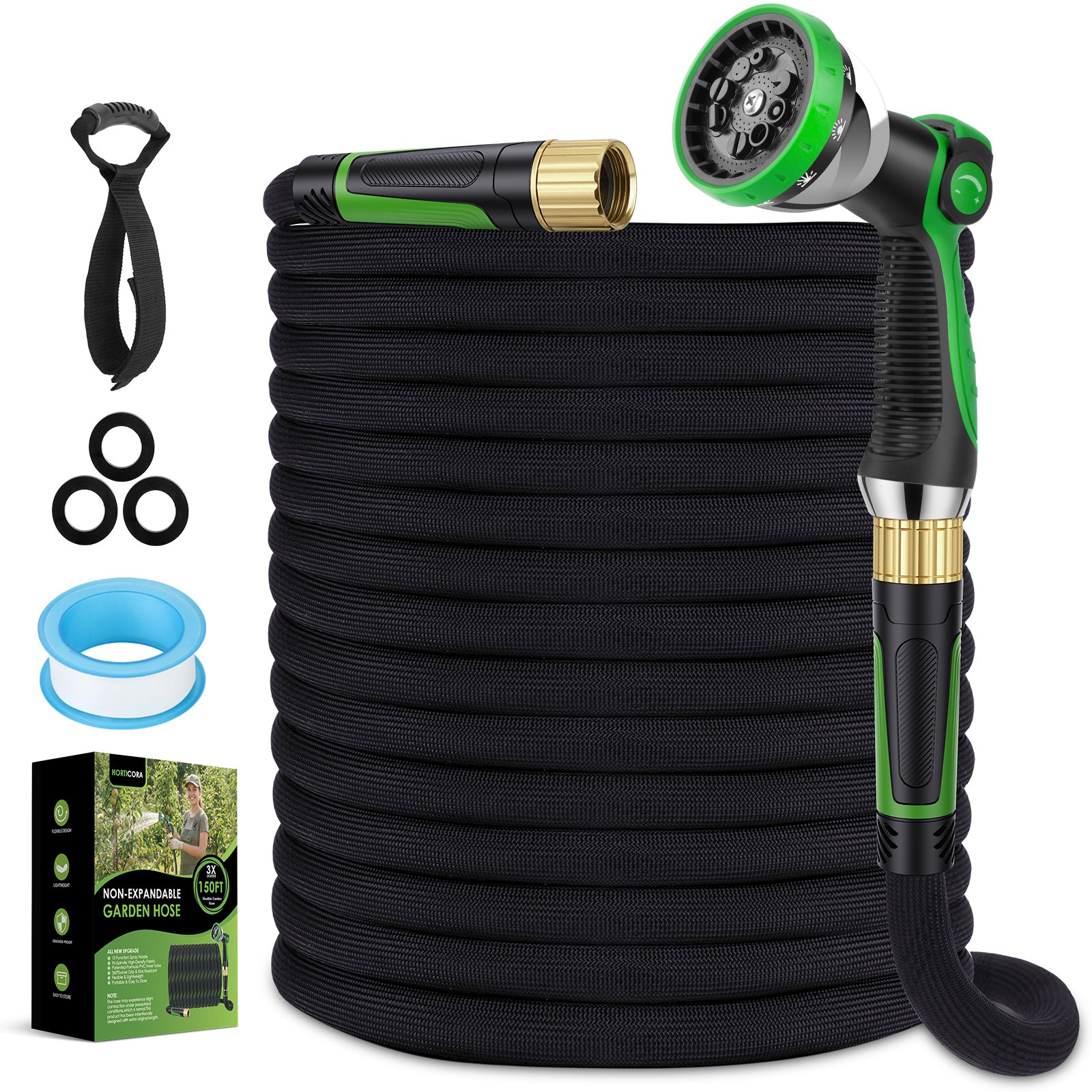 HORTICORA Garden Hose 150 ft, Non-Expandable Ultra-Lightweight Flexible Hose with 360° Dual-End Anti-Kink Design, 10-Pattern Spray Nozzle, 500 PSI Leak-Proof, 96-Strand Braided Fabric, Storage Strap