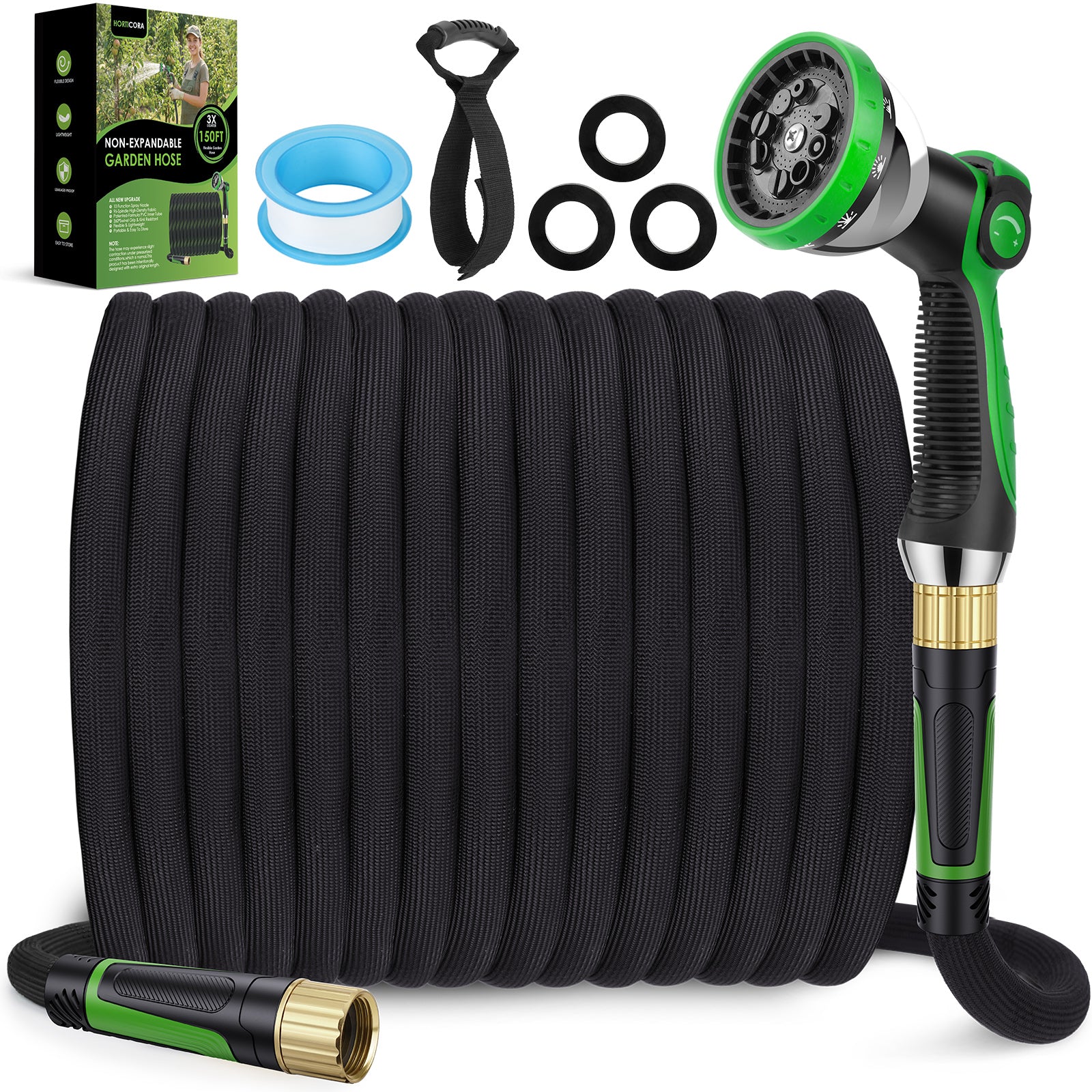 HORTICORA Garden Hose 150 ft, Non-Expandable Ultra-Lightweight Flexible Hose with 360° Dual-End Anti-Kink Design, 10-Pattern Spray Nozzle, 500 PSI Leak-Proof, 96-Strand Braided Fabric, Storage Strap