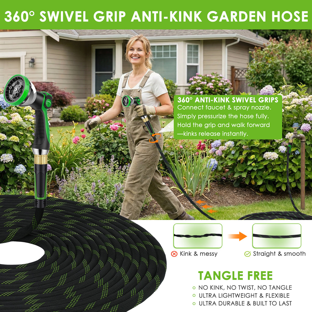 HORTICORA Garden Hose 150 ft, Non-Expandable Ultra-Lightweight Flexible Hose with 360° Dual-End Anti-Kink Design, 10-Pattern Spray Nozzle, 500 PSI Leak-Proof, 96-Strand Braided Fabric, Storage Strap