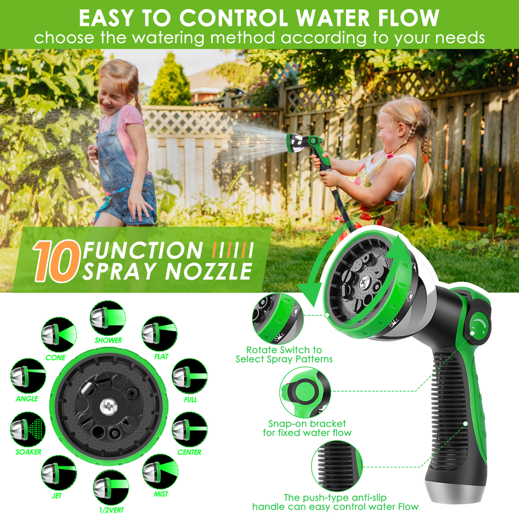 HORTICORA Non-Expandable Garden Hose 100 ft, Ultra Lightweight & Flexible Water Hose With 10-Pattern Spray Nozzle, Full Length Leak-Proof Design, High-Density Fabric & Shut-Off Valve, Hose Straps