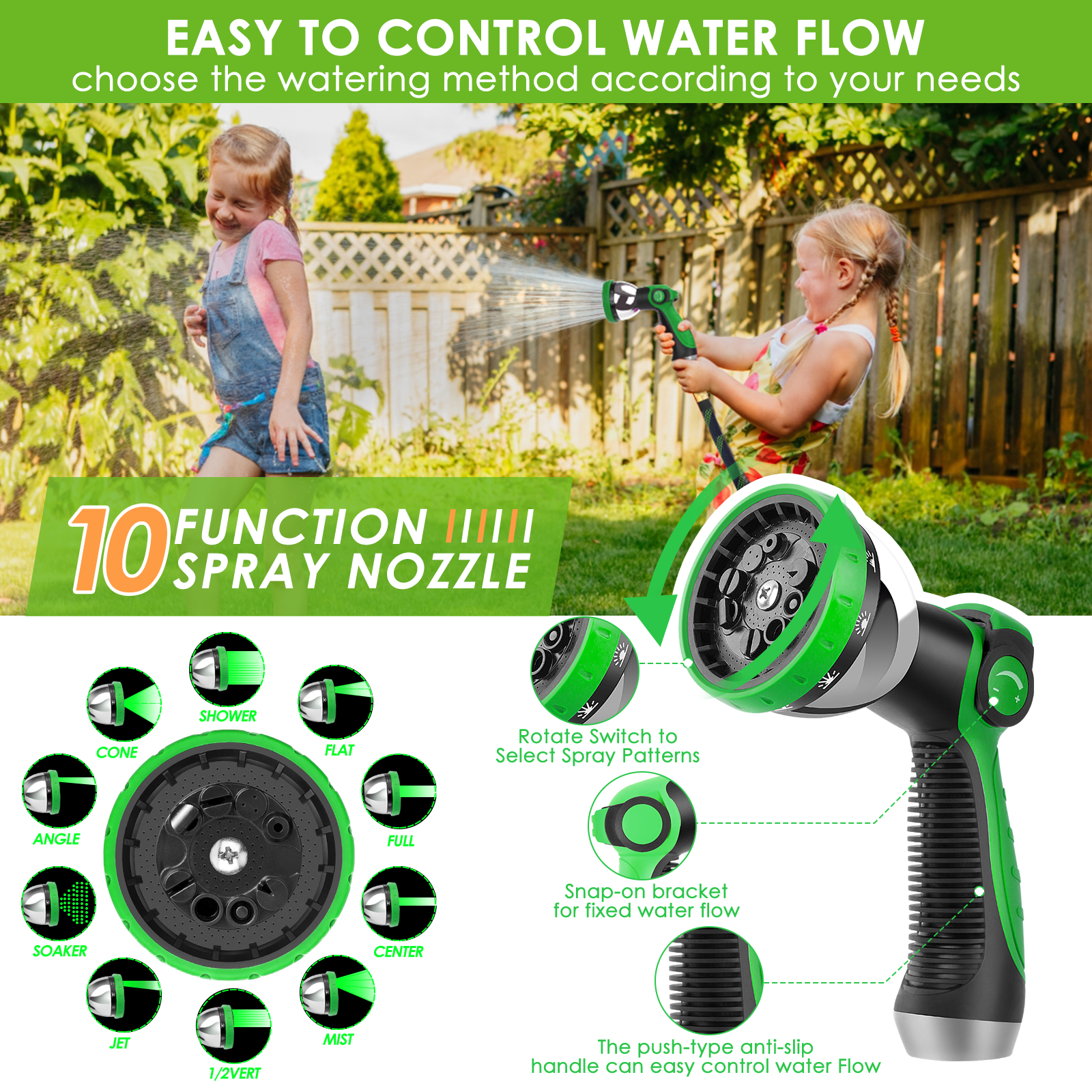 HORTICORA Non-Expandable Garden Hose 100 ft, Ultra Lightweight & Flexible Water Hose With 10-Pattern Spray Nozzle, Full Length Leak-Proof Design, High-Density Fabric & Shut-Off Valve, Hose Straps