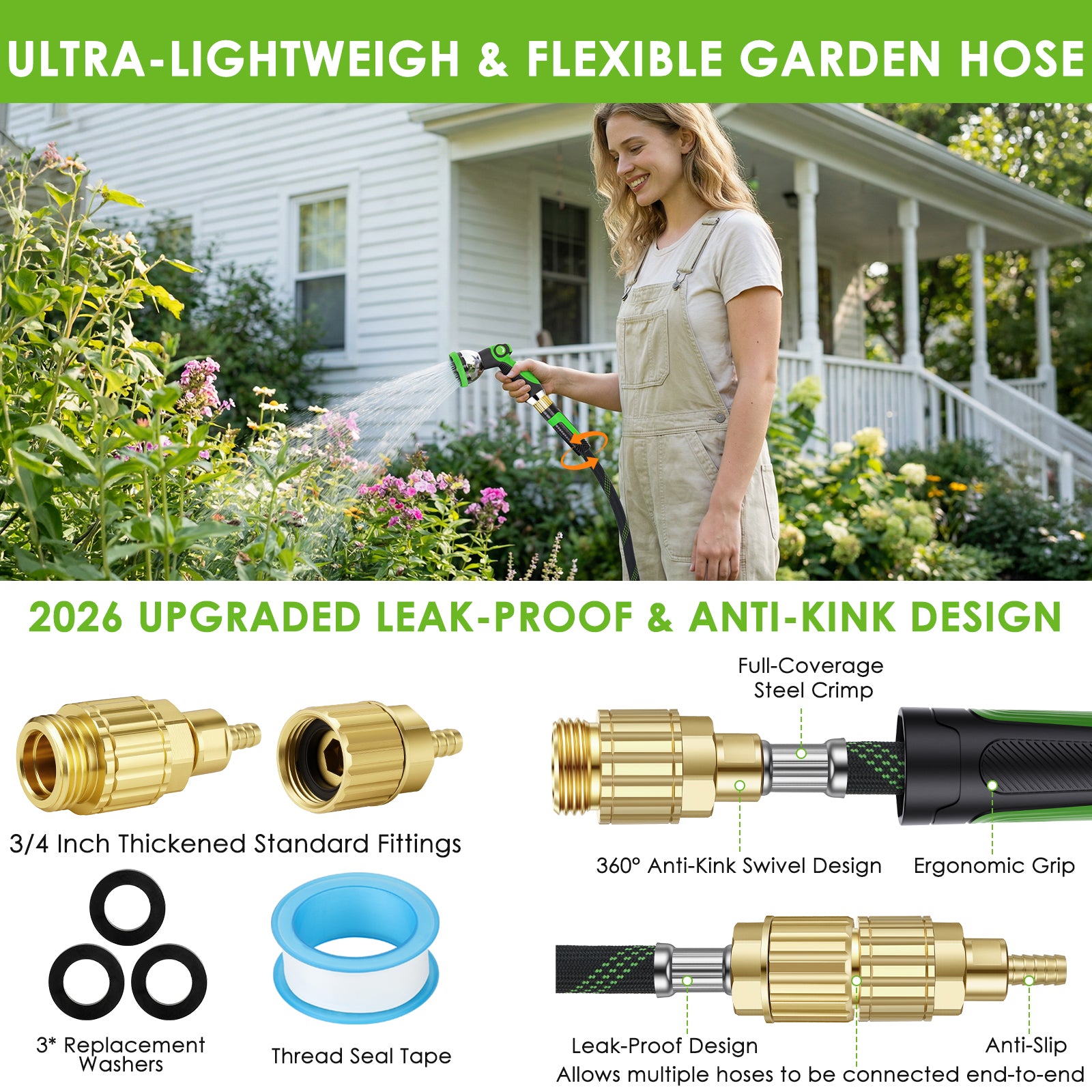 HORTICORA Garden Hose 100 ft, Non-Expandable Ultra-Lightweight Flexible Hose with 360° Dual-End Anti-Kink Design, 10-Pattern Spray Nozzle, 500 PSI Leak-Proof, 96-Strand Braided Fabric, Storage Strap