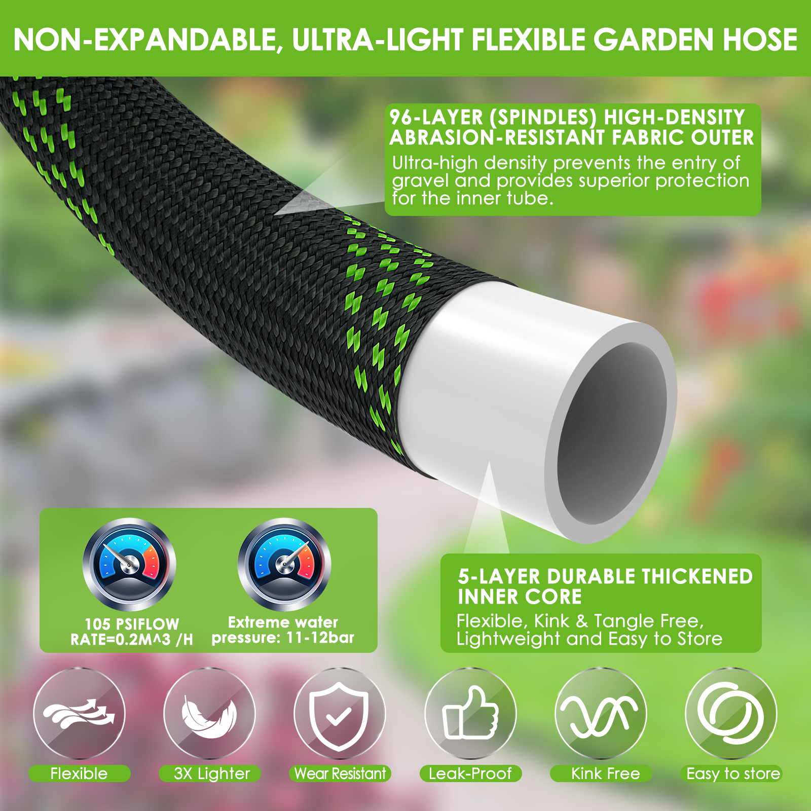 HORTICORA Non-Expandable Garden Hose 100 ft, Ultra Lightweight & Flexible Water Hose With 10-Pattern Spray Nozzle, Full Length Leak-Proof Design, High-Density Fabric & Shut-Off Valve, Hose Straps