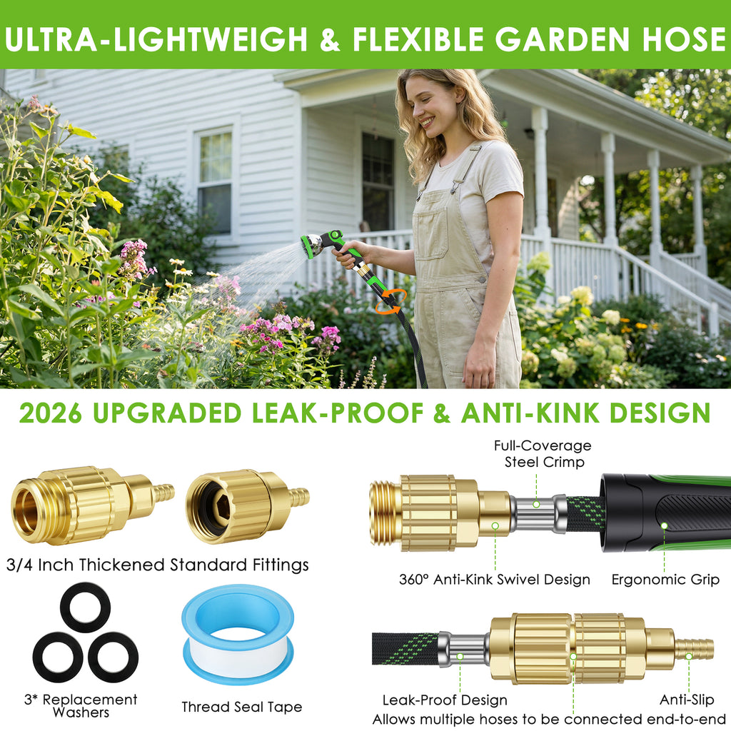 HORTICORA Garden Hose 150 ft, Non-Expandable Ultra-Lightweight Flexible Hose with 360° Dual-End Anti-Kink Design, 10-Pattern Spray Nozzle, 500 PSI Leak-Proof, 96-Strand Braided Fabric, Storage Strap