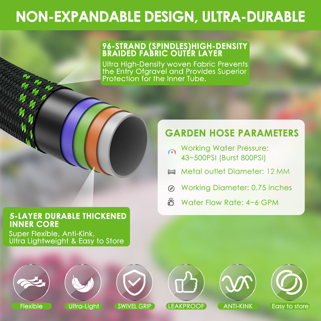 HORTICORA Garden Hose 100 ft, Non-Expandable Ultra-Lightweight Flexible Hose with 360° Dual-End Anti-Kink Design, 10-Pattern Spray Nozzle, 500 PSI Leak-Proof, 96-Strand Braided Fabric, Storage Strap