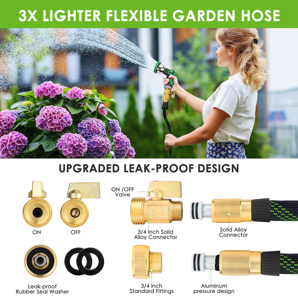 HORTICORA Non-Expandable Garden Hose 100 ft, Ultra Lightweight & Flexible Water Hose With 10-Pattern Spray Nozzle, Full Length Leak-Proof Design, High-Density Fabric & Shut-Off Valve, Hose Straps