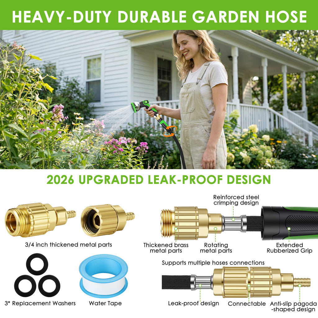 HORTICORA Garden Hose 100 ft, Non-Expandable Ultra-Lightweight Flexible Hose with 360° Dual-End Anti-Kink Design, 10-Pattern Spray Nozzle, 500 PSI Leak-Proof, 96-Strand Braided Fabric, Storage Strap
