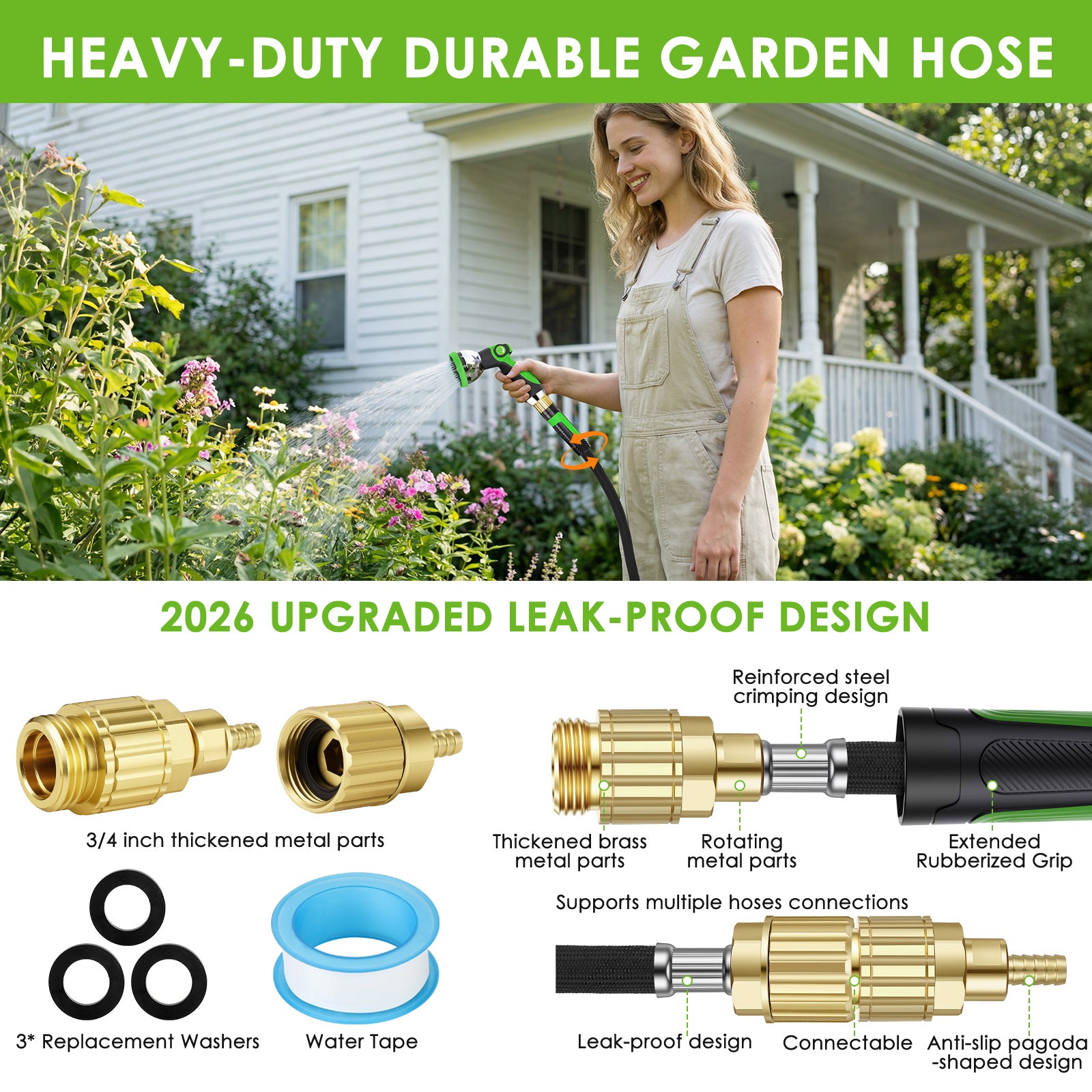 HORTICORA Garden Hose 150 ft, Non-Expandable Ultra-Lightweight Flexible Hose with 360° Dual-End Anti-Kink Design, 10-Pattern Spray Nozzle, 500 PSI Leak-Proof, 96-Strand Braided Fabric, Storage Strap