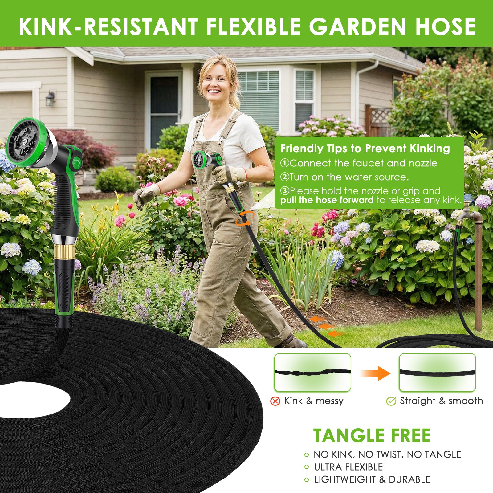 HORTICORA Garden Hose 100 ft, Non-Expandable Ultra-Lightweight Flexible Hose with 360° Dual-End Anti-Kink Design, 10-Pattern Spray Nozzle, 500 PSI Leak-Proof, 96-Strand Braided Fabric, Storage Strap