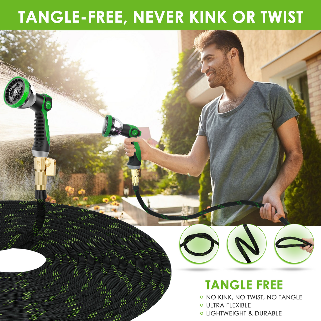 HORTICORA Non-Expandable Garden Hose 100 ft, Ultra Lightweight & Flexible Water Hose With 10-Pattern Spray Nozzle, Full Length Leak-Proof Design, High-Density Fabric & Shut-Off Valve, Hose Straps