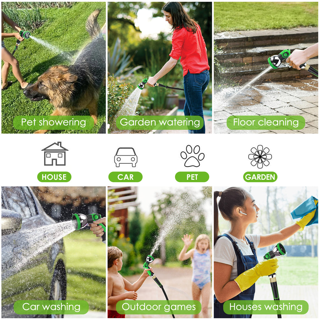 HORTICORA Garden Hose 100 ft, Non-Expandable Ultra-Lightweight Flexible Hose with 360° Dual-End Anti-Kink Design, 10-Pattern Spray Nozzle, 500 PSI Leak-Proof, 96-Strand Braided Fabric, Storage Strap