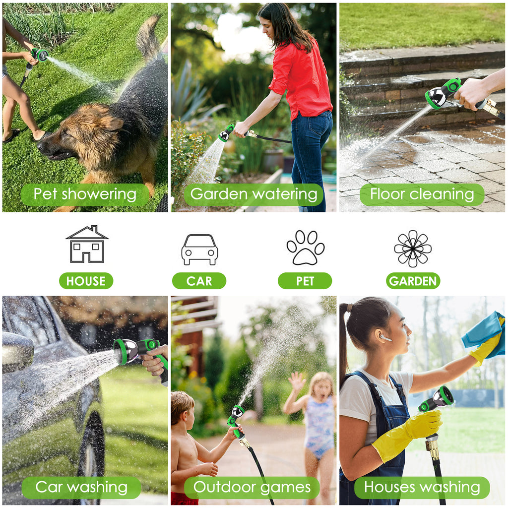 HORTICORA Non-Expandable Garden Hose 100 ft, Ultra Lightweight & Flexible Water Hose With 10-Pattern Spray Nozzle, Full Length Leak-Proof Design, High-Density Fabric & Shut-Off Valve, Hose Straps