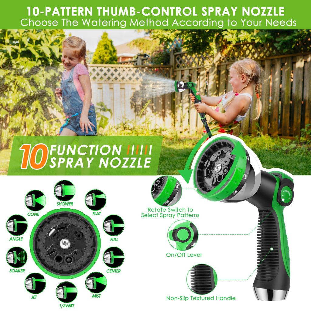 HORTICORA Garden Hose 100 ft, Non-Expandable Ultra-Lightweight Flexible Hose with 360° Dual-End Anti-Kink Design, 10-Pattern Spray Nozzle, 500 PSI Leak-Proof, 96-Strand Braided Fabric, Storage Strap