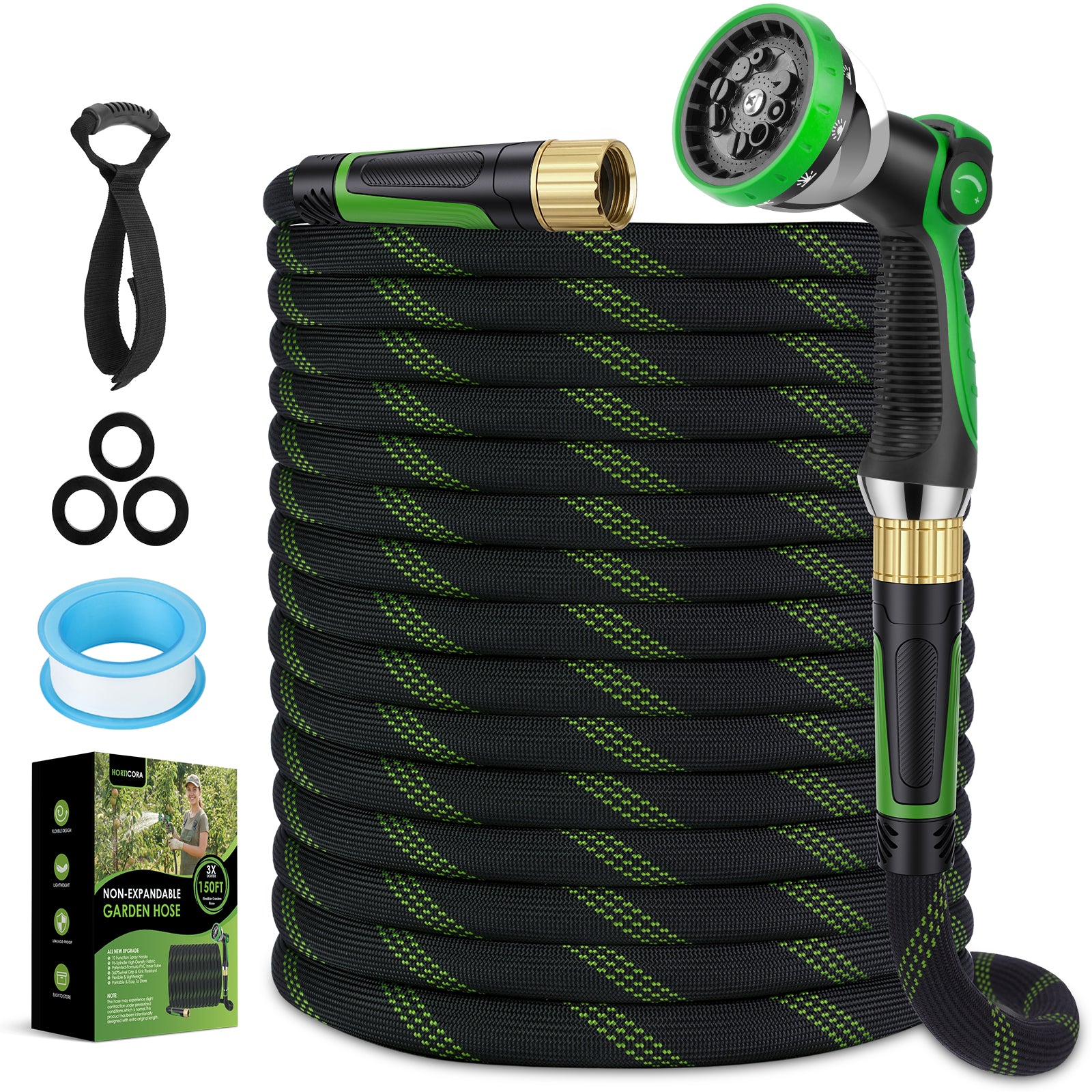 HORTICORA Garden Hose 100 ft, Non-Expandable Ultra-Lightweight Flexible Hose with 360° Dual-End Anti-Kink Design, 10-Pattern Spray Nozzle, 500 PSI Leak-Proof, 96-Strand Braided Fabric, Storage Strap